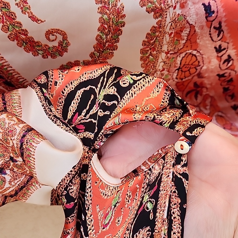 ZARA Paisley Tunic Top L Satin Blouse Orange Long Shirt Boho Convertible Sleeves - Picture 7 of 15